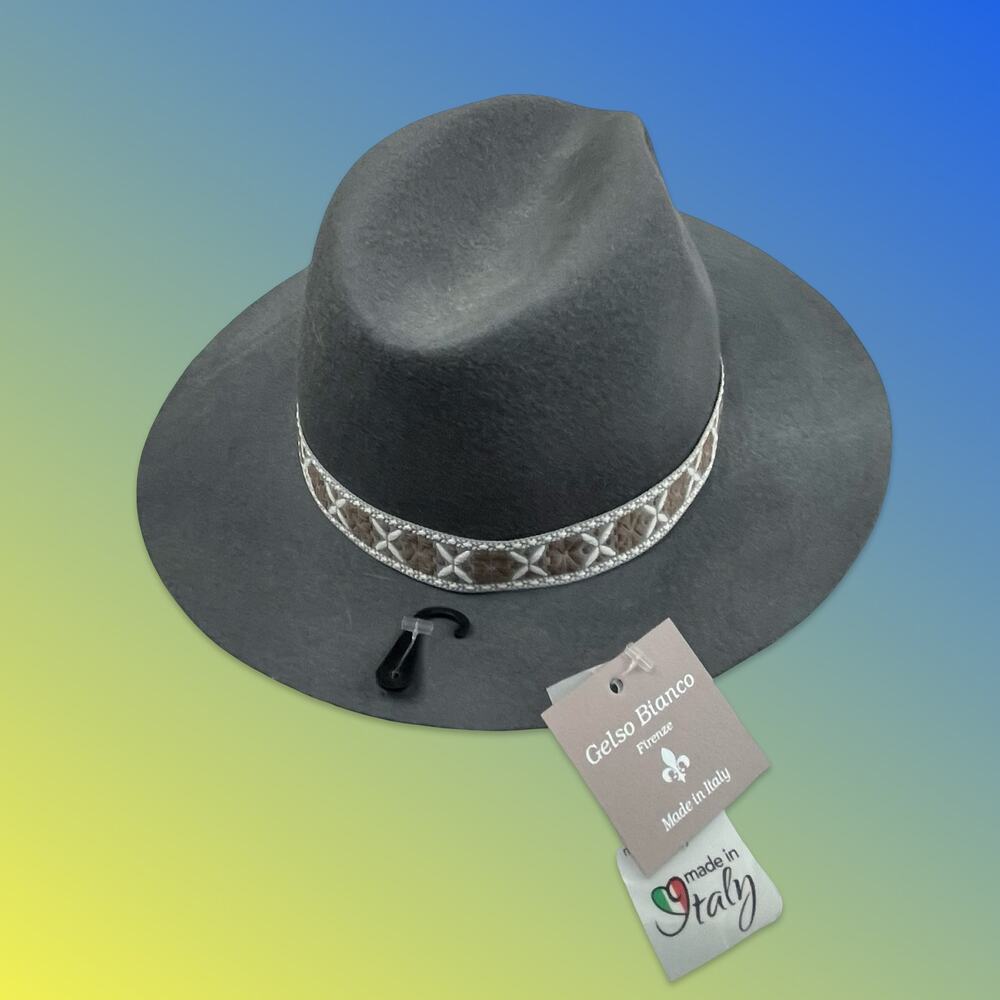 Gelso Bianco Italy Fedora Hat Gray 100% Wool NWT Chain Link Trim Made in Italy